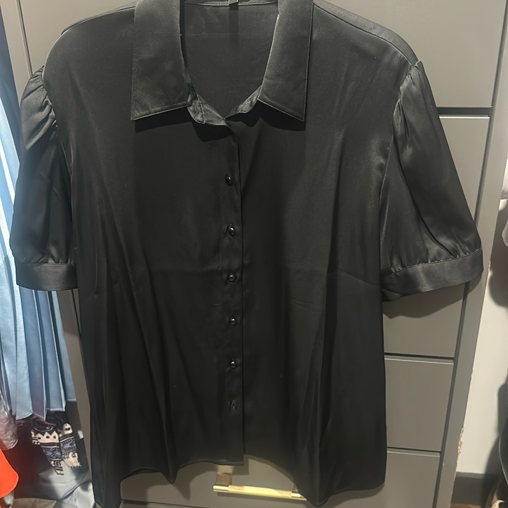 Quince Black Washable Silk Stretch Puff Sleeve Blouse size L